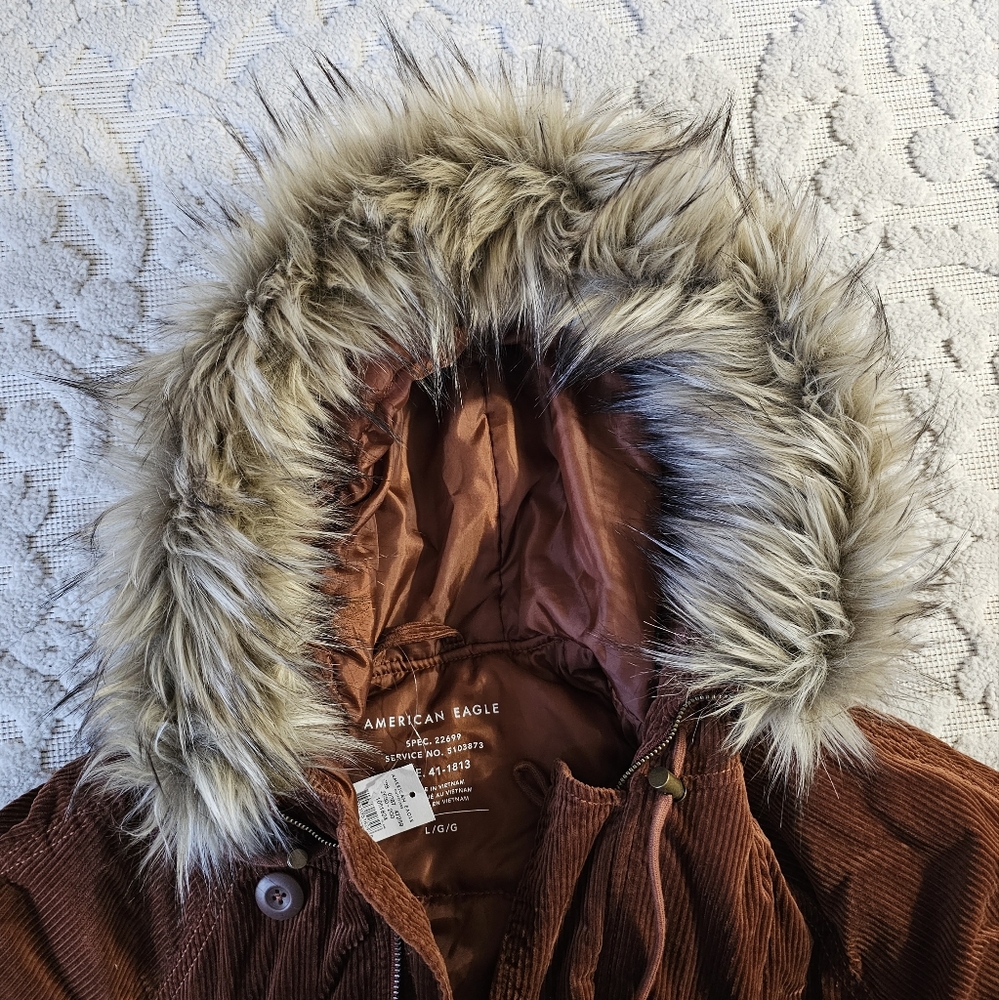 American Eagle Parka Brown Corduroy Puffer Winter Jacket - Picture 9 of 15
